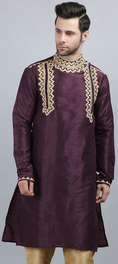 Purple and Violet color Kurta in Dupion Silk fabric with Aari, Embroidered work