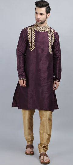 Purple and Violet color Kurta Pyjamas in Dupion Silk fabric with Aari, Embroidered work