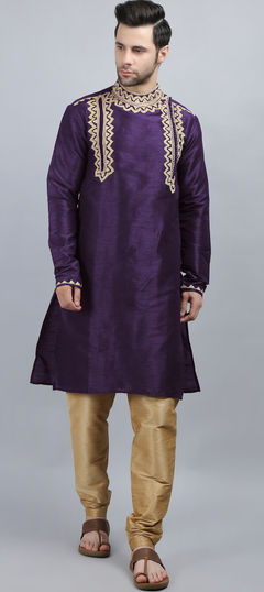 Purple and Violet color Kurta Pyjamas in Dupion Silk fabric with Aari, Embroidered work