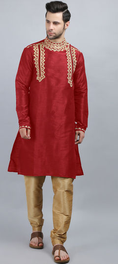 Red and Maroon color Kurta Pyjamas in Dupion Silk fabric with Aari, Embroidered work