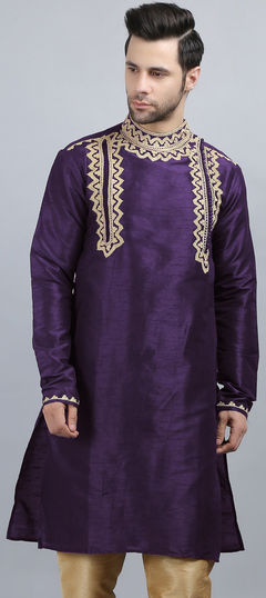 Purple and Violet color Kurta in Dupion Silk fabric with Aari, Embroidered work