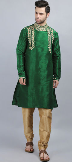 Green color Kurta Pyjamas in Dupion Silk fabric with Aari, Embroidered work