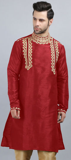 Red and Maroon color Kurta in Dupion Silk fabric with Aari, Embroidered work