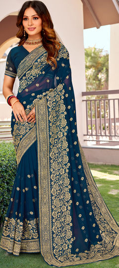 Blue color Saree in Georgette fabric with Embroidered, Thread, Zari work