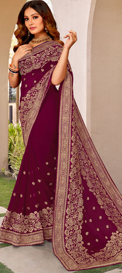 Red and Maroon color Saree in Georgette fabric with Embroidered, Thread, Zari work