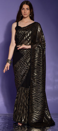 Black and Grey color Saree in Georgette fabric with Patch, Sequence work