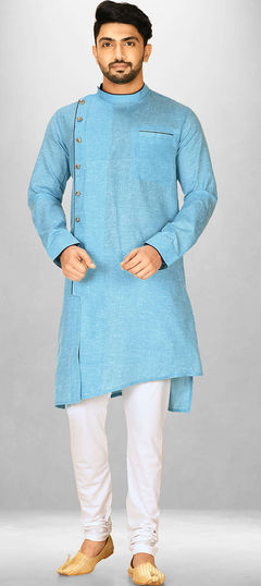 Blue color Kurta Pyjamas in Cotton fabric with Thread work