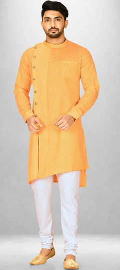 Yellow color Kurta Pyjamas in Cotton fabric with Thread work