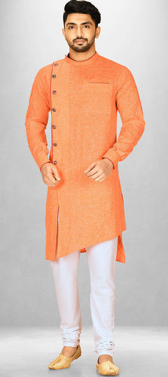 Orange color Kurta Pyjamas in Cotton fabric with Thread work