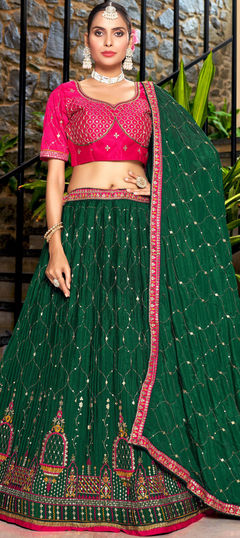 Green color Lehenga in Crushed Silk fabric with Embroidered, Sequence, Thread work