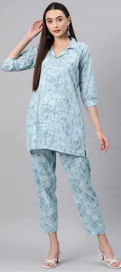 Party Wear, Summer Blue color Salwar Kameez in Cotton fabric with Straight Bandhej, Printed work : 1888691