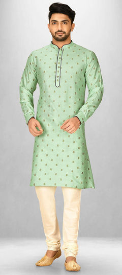 Green color Kurta Pyjamas in Dupion Silk fabric with Thread work