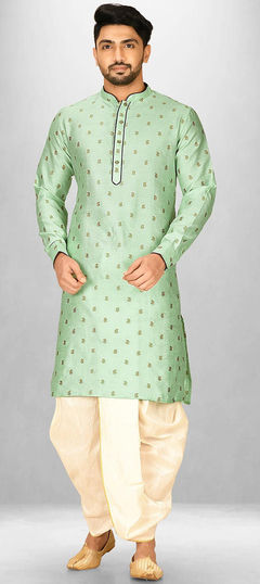 Green color Dhoti Kurta in Dupion Silk fabric with Thread work