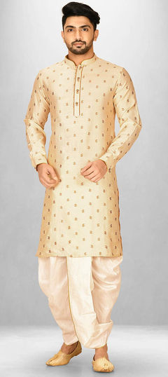 Beige and Brown color Dhoti Kurta in Dupion Silk fabric with Thread work