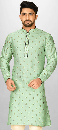 Green color Kurta in Dupion Silk fabric with Thread work