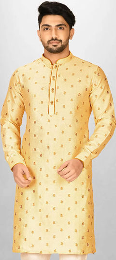 Beige and Brown color Kurta in Dupion Silk fabric with Thread work