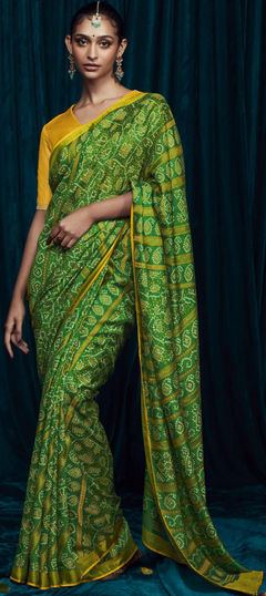 Green color Saree in Art Silk, Silk fabric with Bandhej, Thread, Weaving, Zari work