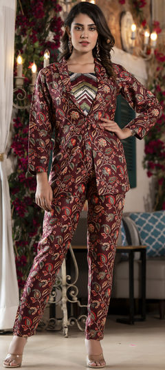 Summer Red and Maroon color Co-ords Set in Satin Silk fabric with Digital Print, Floral work : 1889069