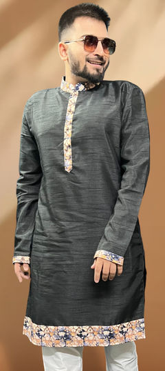 Black and Grey color Kurta in Silk fabric with Patch, Printed work