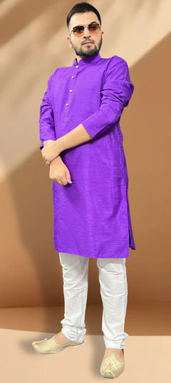 Purple and Violet color Kurta Pyjamas in Silk fabric with Thread work