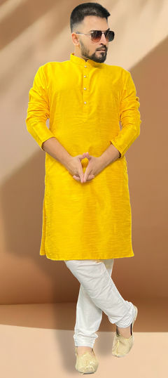 Yellow color Kurta Pyjamas in Silk fabric with Embroidered, Sequence, Thread work