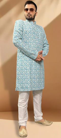 Blue color Kurta Pyjamas in Cotton fabric with Embroidered, Sequence, Thread work