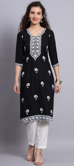 Black and Grey color Kurti in Rayon fabric with Embroidered, Thread work