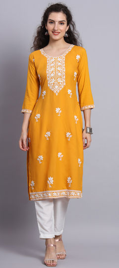 Yellow color Kurti in Rayon fabric with Embroidered, Thread work