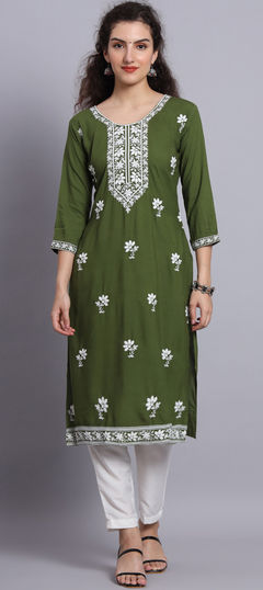 Green color Kurti in Rayon fabric with Embroidered, Thread work