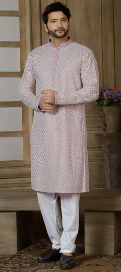 Pink and Majenta color Kurta Pyjamas in Cotton fabric with Embroidered, Sequence, Thread work