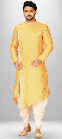 Yellow color Dhoti Kurta in Dupion Silk fabric with Weaving work