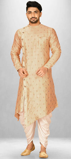 Beige and Brown color Dhoti Kurta in Dupion Silk fabric with Weaving work