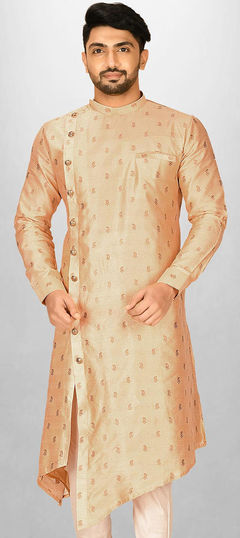 Beige and Brown color Kurta in Dupion Silk fabric with Weaving work