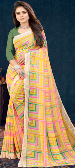 Yellow color Saree in Georgette fabric with Printed work