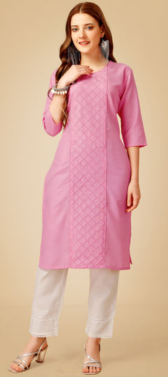 Pink and Majenta color Salwar Kameez in Cotton fabric with Fancy Work, Sequence, Thread work