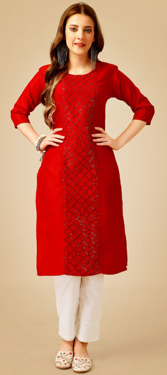 Red and Maroon color Salwar Kameez in Cotton fabric with Fancy Work, Sequence, Thread work