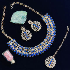 Gold Rodium Polish Blue color Necklace in Metal Alloy studded with Austrian diamond