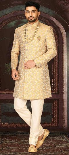 Party Wear Gold color IndoWestern Dress in Imported fabric with Broches, Printed work : 1889636