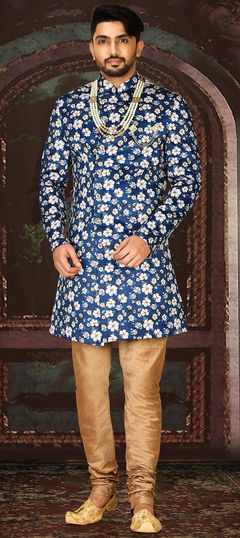 Party Wear Blue color IndoWestern Dress in Imported fabric with Broches, Floral, Printed work : 1889637