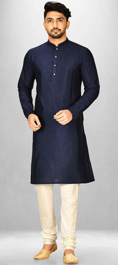 Blue color Kurta Pyjamas in Poly Silk fabric with Thread work