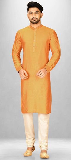 Yellow color Kurta Pyjamas in Poly Silk fabric with Thread work