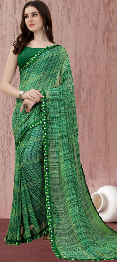 Casual Green color Saree in Georgette fabric with Classic Lace, Printed work : 1889941