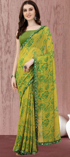 Casual Green color Saree in Georgette fabric with Classic Floral, Lace, Printed work : 1889942