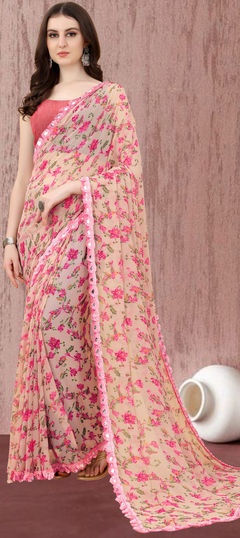 Casual Pink and Majenta color Saree in Georgette fabric with Classic Floral, Lace, Printed work : 1889945