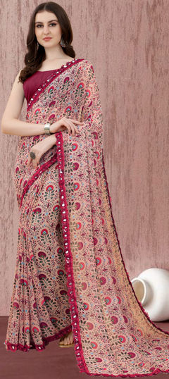 Multicolor color Saree in Georgette fabric with Floral, Lace, Printed work