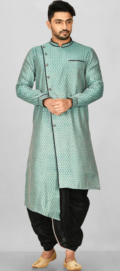 Green color Dhoti Kurta in Jamawar fabric with Zari work