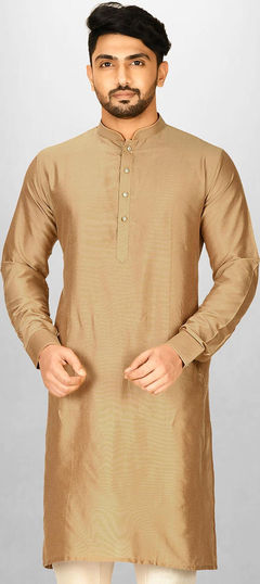 Beige and Brown color Kurta in Poly Silk fabric with Thread work