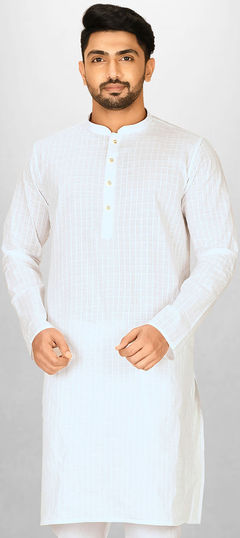 Party Wear White and Off White color Kurta in Cotton fabric with Thread work : 1890018