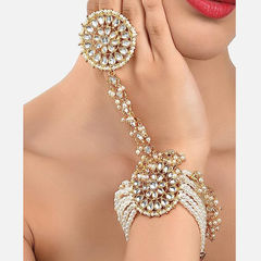 Gold Rodium Polish White and Off White color Haath Paan in Metal Alloy studded with Pearl