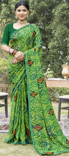 Green color Saree in Georgette fabric with Lace, Printed work